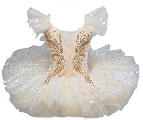 OTMYIGO Vestito da tutù da Balletto per Bambini, Gonna da Ballo per Bambine, Abito da Principessa Pancake, Costume da Competizione di Danza Classica,d'oro,110