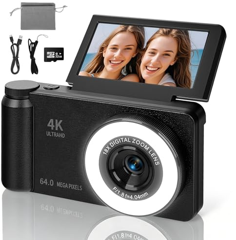 Fotocamera Digitale 4K 64MP con Luce di Bellezza e Modalità Bellezza - Schermo 3 180° Flip Zoom Digitale 18X Autofocus Scheda 32GB Inclusa Macchina Fotografica Digitale per Selfie Vlog e Principianti