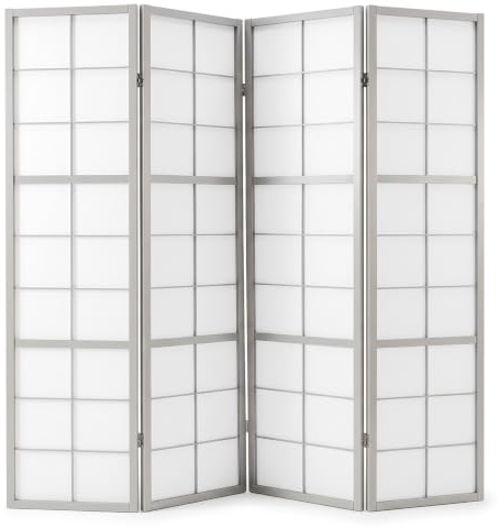 Homestyle4u Paravent 4-teilig Grau Raumteiler Holz | Klappbarer Sichtschutz Shoji Trennwand für Wohnzimmer Schlafzimmer & Büro 176x179 cm
