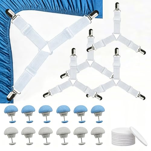 Bettlakenspanner & Bettdeckenhalter, 21 Stück Universal Bettbefestigungen | Set enthält 4 verstellbare Befestigungen, 12 Clips, 5 Klettverschlüsse; für Matratze, Deckenbezug und Polster