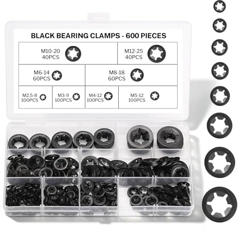 600 Stück Sicherungsscheiben, Schwarz Sicherungsringe Set Klemmscheiben Metall Sternscheiben Unterlegscheiben Sortiment M2.5 M3 M4 M5 M6 M8 M10 M12