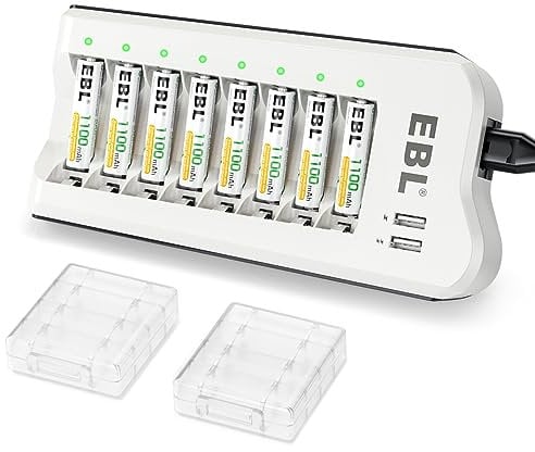 EBL 8 X AAA Rechargeable Batteries with Smart Batteries Charger, Individual Battery Charger with Micro USB Output 5V 2A Fast Charging Function and NiMH AAA Batteries