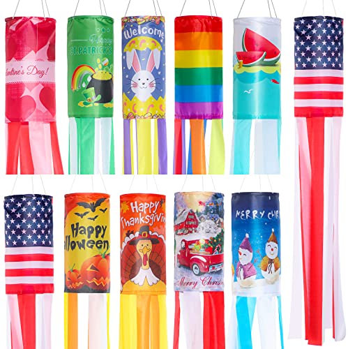 Boao 10 Stück Garten Windsack Outdoor hängende saisonale Windsäcke Flaggen Dekorative Festivals Garten Windsäcke Outdoor Wind Streamer Urlaub Dekoration für Vorgarten Terrasse Rasen Garten Party