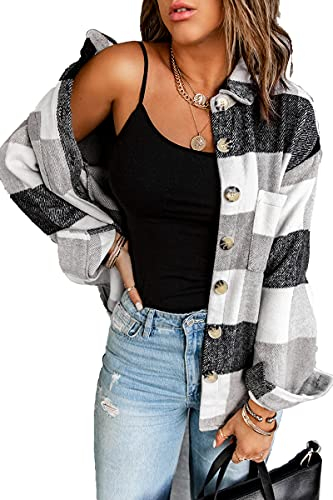 HVEPUO Karierte Jacke Damen Hemdjacke Knöpfen Langarm Bluse College Jacke Y2K Oberteile Karo Shacket Mantel Flanellhemd Frauen Holzfällerjacke Mit Brusttaschen Grau XL