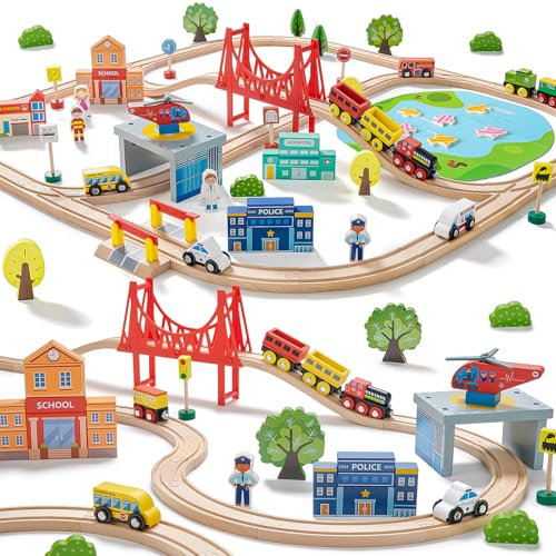 Tiny Land Eisenbahn-Set, 110-teiliges Holzeisenbahn-Set, Spielzeugeisenbahn für Jungen und Mädchen mit Holzeisenbahnschienen, Holzspielzeug für Kleinkinder und Kinder im Alter von 3–7 Jahren, Eisenbah