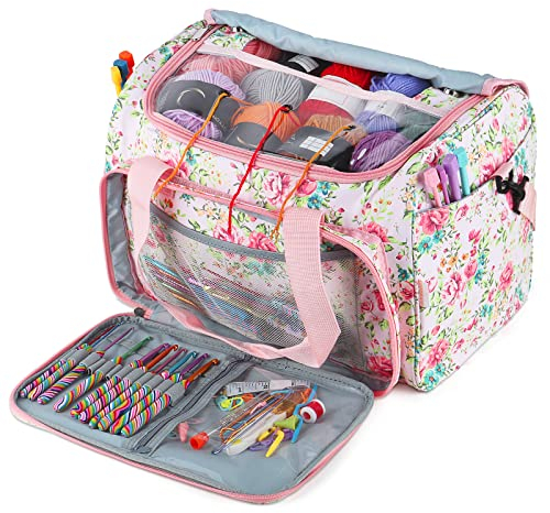 Coopay Aufbewahrungstasche für Wolle, Groß Garntasche zur Aufbewahrung von Häkelgarn, Tragbar Tasche für Stricken/Häkel Garn Zubehör, Häkeltasche Stricktasche für unvollendete Projekte, Rosa Blumen
