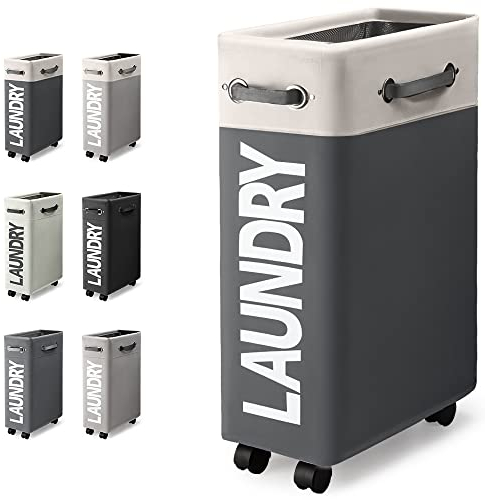 Rieeyrslza 45L Slim Panier à Linge Pliable avec 4 Roues Corbeilles à Linge Mince et Pliant Collecteur de Buanderie Bac à Linge Rectangulaire pour Maison Vêtements Rangement (Blanc + Gris Foncé o2)