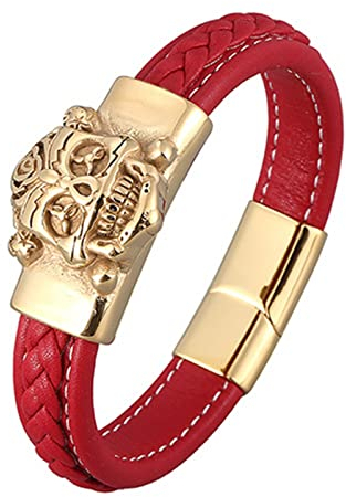 Herren Armband, Gold Armband Totenkopf Lederarmband Mit Magnetischer Schnalle Gold 20.5CM Edelstahl Armband