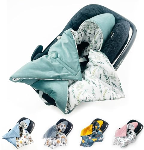 BABEES© Wattierte Einschlagdecke mit Füllung für Babyschale Autositz universal, Übergangszeit Frühling Herbst, Warme Babydecke für Kinderwagen Babytragen Babybett Velvet (Eucalyptus)