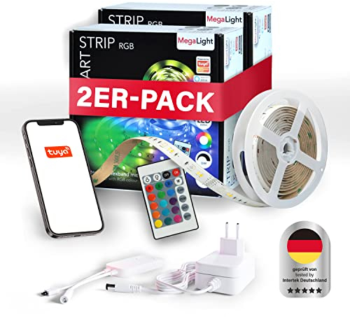 MegaLight 2er PACK RGB LED Strip 5m mit APP, Google & Alexa Sprachsteuerung | LED Lichterkette Musik Synchro, Szenen, Timer | LED Streifen, selbstklebend | Küche, Haus & Party