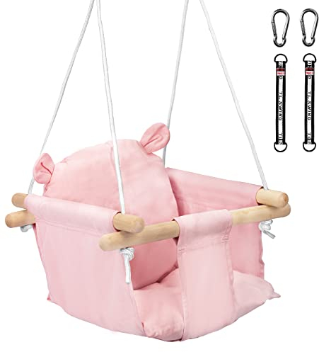 Littleboyny Schaukel für Baby Kinder mit Sicherheitsgurt Edelstahl Karabiner Weichen Kissen bis 50kg Zulässig Längenverstellbaren CE Rosa Bär-Muster für Garten In- Outdoor