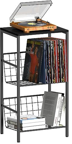 Plattenspielerständer, Beistelltisch, schwarz, Vinyl-Schallplattenaufbewahrung, Plattenspielertisch mit Albumaufbewahrung, Plattenständer, moderner Nachttisch für Wohnzimmer, Schlafzimmer, Büro