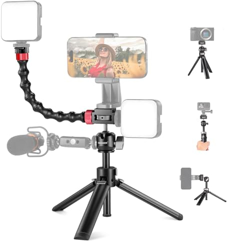 NEEWER Mini Trípode Escritorio con Doble Cabeza de Bola de Zapata Fría/Brazo de Tubo Flexible, Soporte de Cámara Viaje Portátil con 1/4 Tornillo Compatible con Sony ZV1 ZV-E10 GoPro dji iPhone, TP32