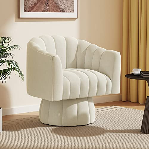 Mid Century 360 Degree Swivel Cuddle Barrel Accent Sofa Chairs, Round Armchairs with Wide Upholstered, Fluffy Velvet Fabric Chair for Living Room, Bedroom, Office, Waiting Rooms, (Beige)