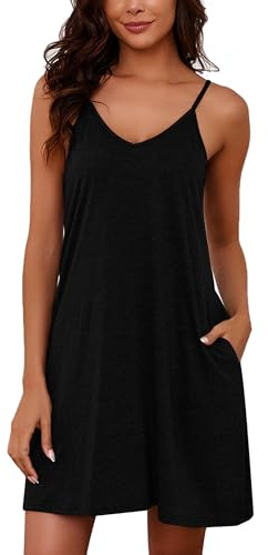 Marvmys Womens Short Cotton Nightgown Spaghetti Strap V Neck Slip Dress Tank Nightshirts with Pocket Black M