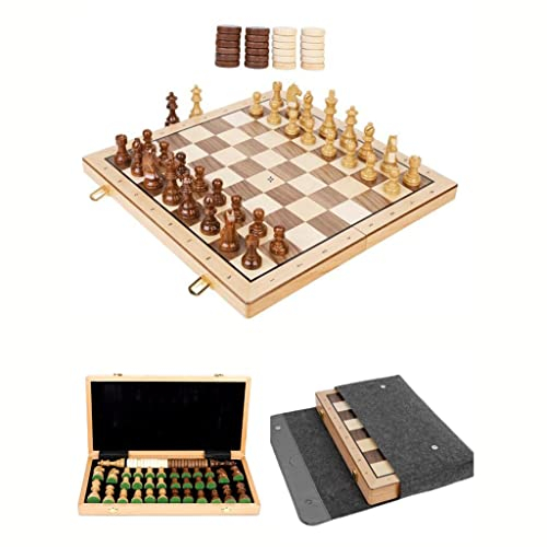 DDNGEJ Handgefertigtes Schachspiel aus Holz zum Zusammenklappen, Schachbrett 39 x 38 cm, 34 Schachfiguren, 24 Steine und Aufbewahrungstasche. Schachspiel