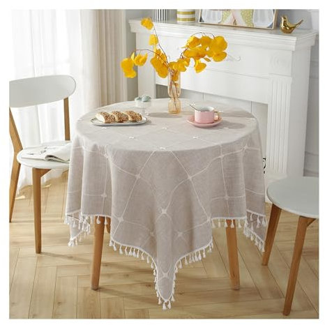 Daesar Nappe Table Ronde 180 CM, Polyester Nappe Moderne Lavable Motif Carreaux avec Glands Linge de Table pour Anniversaire, Mariage, Table Basse, Table À Manger, Marron