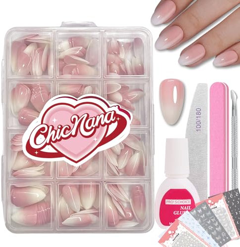 ChicNana False Nails Kit, 240Pcs Gradient Pink Press On Nails with Glue and Stickers, Almond Fake Nail 12 Sizes Stick On Nails Gift for Women Girls (04-Short Almond, 240pcs)