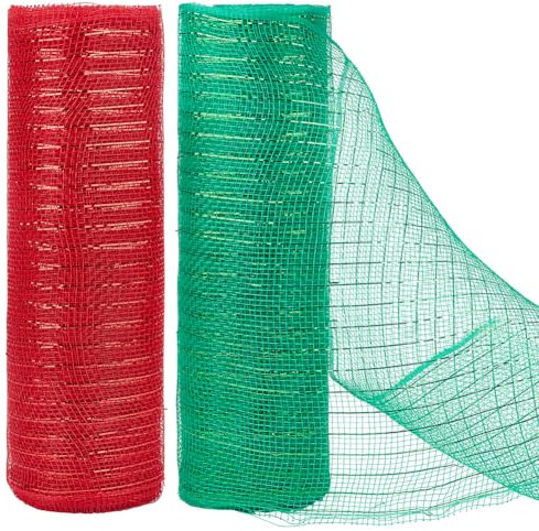 BENECREAT 2 Rollos de Cinta de Malla Roja y Verde de 18 m, Plástico de 26 cm Con Cintas Anchas Doradas Para Decoración de Árbol de Navidad