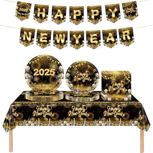 New Year Party Tableware, 42Pcs Black Gold Tableware Set,Disposable Plates, Napkins, Table Cloth and Banner, New Years Eve Table Decorations Suitable for New Years Eve Party
