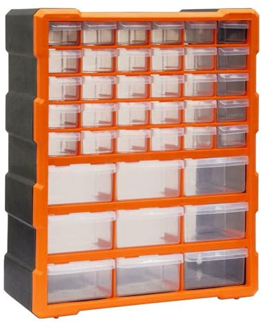 DIY Tool Bits Storage Organiser, 39 Multi Drawers Plastic Cabinet Box for Garage Workshop, Small Parts Hardware and Craft Cabinet Orange Wall Mount