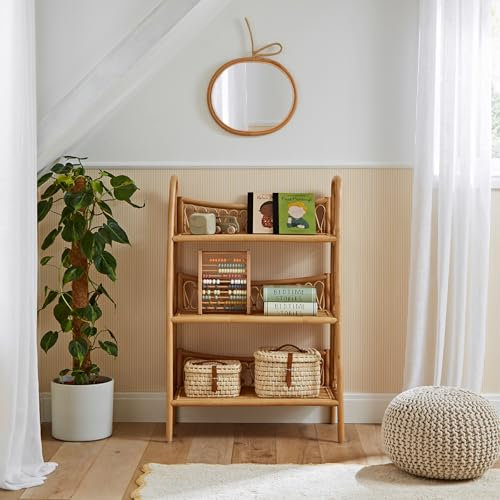 Aria Rattan Nursery Book Shelf - Boho Style Free Standing 3-Tier Bookcase - Child Bedroom Shelving Unit for Toy Storage