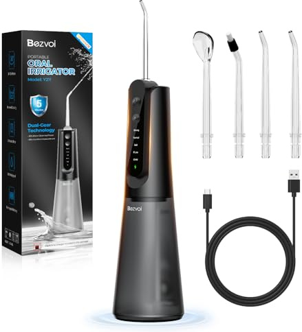 Bezvoi Kabellose Munddusche Tragbar, Oral Irrigator mit 5 Druckstufen IPX7 | 270ml abnehmbarer Wassertank, 4 austauschbare Düsen, schonende Reinigung für Zahnfleisch und Zahnzwischenräume