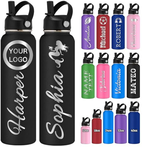 Personalised Water Bottle Engraved with Name Logo Customized 350/530/700/950/1150ML Stainless Steel Water Bottles with Straw Lid Handle Double-Wall Insulated Gifts for School Sport Office Company