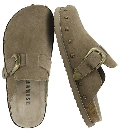 CUSHIONAIRE Bronco Slip-On-Mule-Damenschuhe, echtes Wildleder, Clogs mit verstellbarer Schnalle und Nieten-Details, stilvolle Herbstschuhe für Damen, Moos, 42 EU