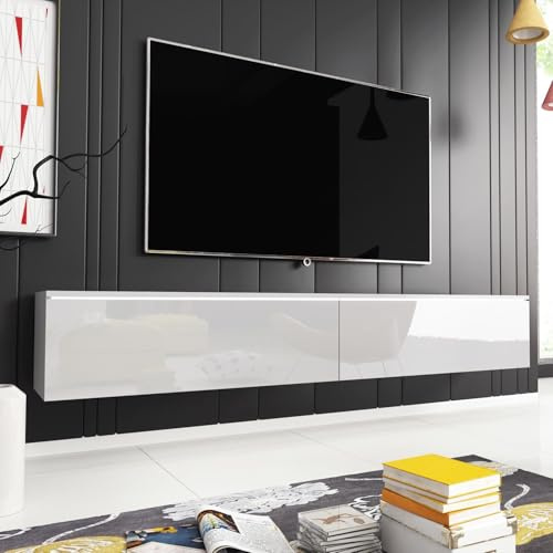 FWStyle 1.8M Modern Lowboard TV Media Storage Unit with LED – Matt White & White Gloss – Wall Mounted or Freestanding TV Stand with 2 Drop-Down Doors – Contemporary Living Room Furniture