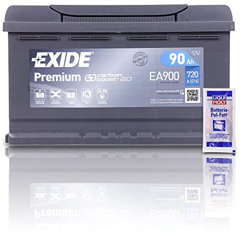 EXIDE EA900 Premium Carbon Boost Autobatterie 12V 90Ah 720A Starterbatterie PKW KFZ Batterie - Ersetzt 82Ah 84Ah 85Ah 87Ah 88Ah + 1x Batteriepolfett
