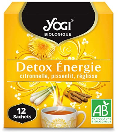 Yogi Biologique Détox Énergie, Infusion 100% Bio Citronnelle, Pissenlit et Réglisse, 12 Sachets thermosoudés et sans agrafe, 21.6 g, 310211