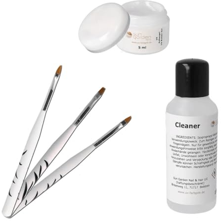 Sun Garden Nails UV Nagelgel Set – Builder Gel klar 5 ml + Cleaner 100 ml + 3-teiliges Pinselset – selbstnivellierendes Aufbaugel – für UV/LED Lampe