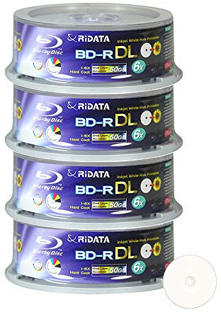 100 Pack Ridata Blu-ray BD-R DL Dual Layer 6X 50GB White Inkjet Hub Printable Recordable Blank Media Disc with Spindle Packing