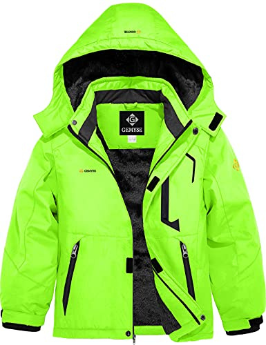 GEMYSE Veste de Ski Enfant Garçon Blouson Hiver Chaud avec Capuche Imperméable Coupe-Vent et Doublure Polaire(Vert Fluorescent1,116-122)