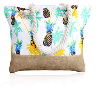 irisaa Damen XXL Strandtasche mit breiter Kordel-Griff Anker Marine-Stil | Schultertasche mit Reißverschluss für Urlaub Reisen Sport, Farbe-name:Ananas-tree