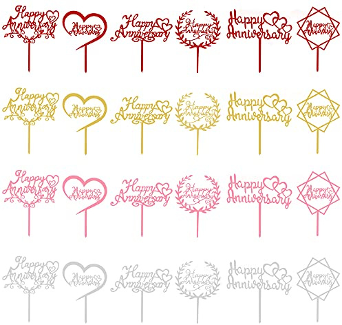Kuchenaufsatz mit Aufschrift Happy Anniversary, mehrfarbig, Acryl, für Hochzeit, Ruhestand, Jahrestag, Celeration, Party-Dekoration, 24 Stück