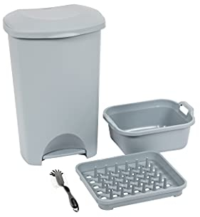 Addis 4 piece Eco Made from 100% Plastic Family Kitchen Office Starter bulk set includes 50 litre pedal bin, Washing Up Bowl, draining plate rack & dish brush, Recycled Light Grey, 519069AMP