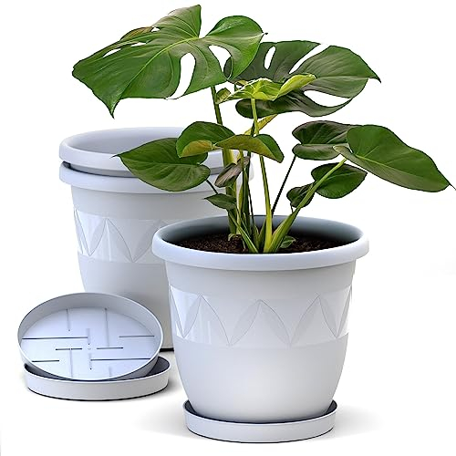 Blumentopf 3er Set 40 cm Durchmesser Weiß runder Pflanzkübel mit Untersetzer aus Kunststoff witterungsbeständiger Übertopf großer Pflanztopf Kräutertopf für Innen und Außen