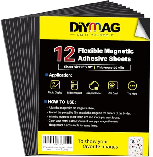 DIYMAG Magnetic Adhesive Sheets, 8 x 10, 12 Pack, Black, Rectangular, Metal, Magnetic Sheets