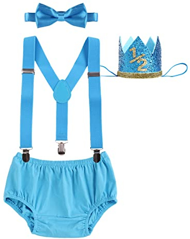 Baby Boy 1/2 Birthday Cake Smash Outfit Diaper Cover+Suspenders+Bow Tie+Crown Gentlemen Boys Suits Half Way To One Birthday Gift Baby Shower Newborn Photography Clothes Set Sky blue 6-12 Months