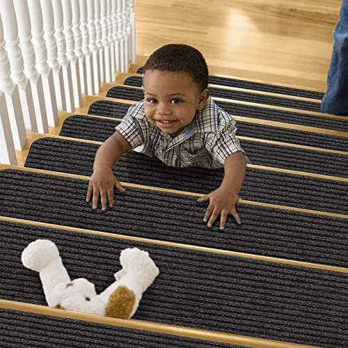 TYwm Innen 15 stück, Treppenteppich Rechteckig Selbstklebend Stufenteppich, 20 cm X 76 Antirutschstreifen Treppe, für Kinder, Älteste und Haustiere, DREI Streifen Schwarz