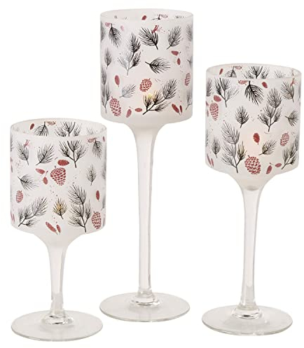 BOLTZE 3tlg Set Windlicht Pino I matt mit Zweigen & Tannenzapfen I Höhe 20cm, 25cm & 30cm I Teelichthalter auf Fuß I Tisch-Deko, Herbst, Winter I Kerzenständer aus Glas, Kerzenhalter
