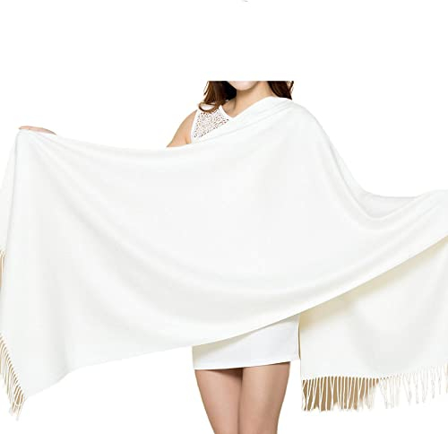 WLLDDDIU Strickschal Damen,Winterschals Weiß Weicher Warmer Schal Dicke Decke Einfarbig Quaste Kaschmir Schal Lang Groß Winterschal Trendige Stola Schals Für Damen Mädchen