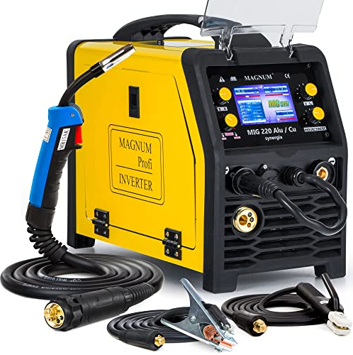 ALLWELD Magnum MIG 220 Alu/Cu LCD - 200A Vollsynergisches Multi MIG MAG Schweißgerät mit Schutzgas und Fülldraht - MMA, WIG-LIFT und Induktivität - IGBT - Set:Solo