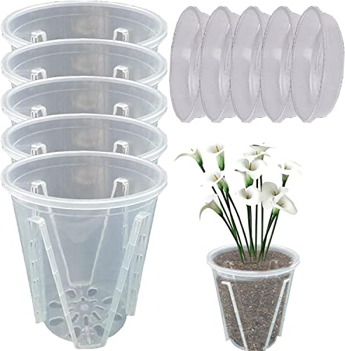 5 Stück Orchideentopf Transparent Orchideentöpfe Übertopf mit Untertassen Kunststoff Orchideentopf Pflanztöpfe für Orchideen Orchidee Blumentopf für Indoor Outdoor Balkon Schreibtisch (18cm+Tablett)