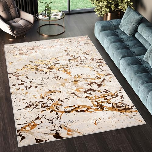 TAPISO Golden Teppich Wohnzimmer Kurzflor Schlafzimmer Luxuriös Creme Gold Abstrakt Marmor Meliert Verwischt Modern Design ÖKOTEX 200 x 300 cm
