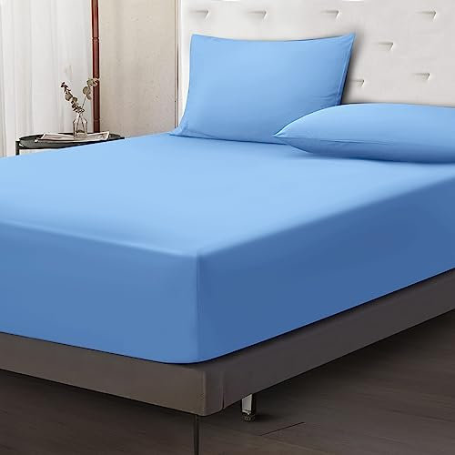 Moonlight Bedding Fitted Sheet 40 Cm Extra Deep Pocket Bed Sheets 16 inch Ultra Soft Bottom Sheet Brushed Microfiber Breathable Shrinkage and Fade Resistant (Light Blue, Double)