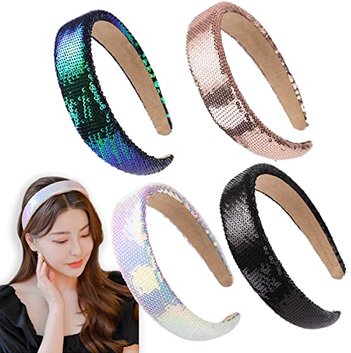 4 PCS Glitter Pailletten Funkelnde harte Stirnbänder für Kinder 1.1-Inch breite gepolsterte Haarbänder Mode Nettes tägliches Zubehör für Mädchen und Frauen (schwarz+weiß+blau+gold)