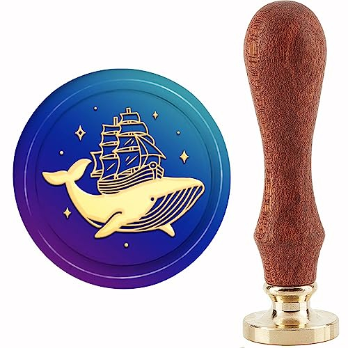 craspire Wachssiegel-Stempel, Wal, Meerestier, Segelboot, Stempel, Kupfersiegel, 30 mm, Retro, Abnehmbarer Messing-Stempelkopf Mit Holzgriff Für Umschläge, Briefe, Einladungen, Karten